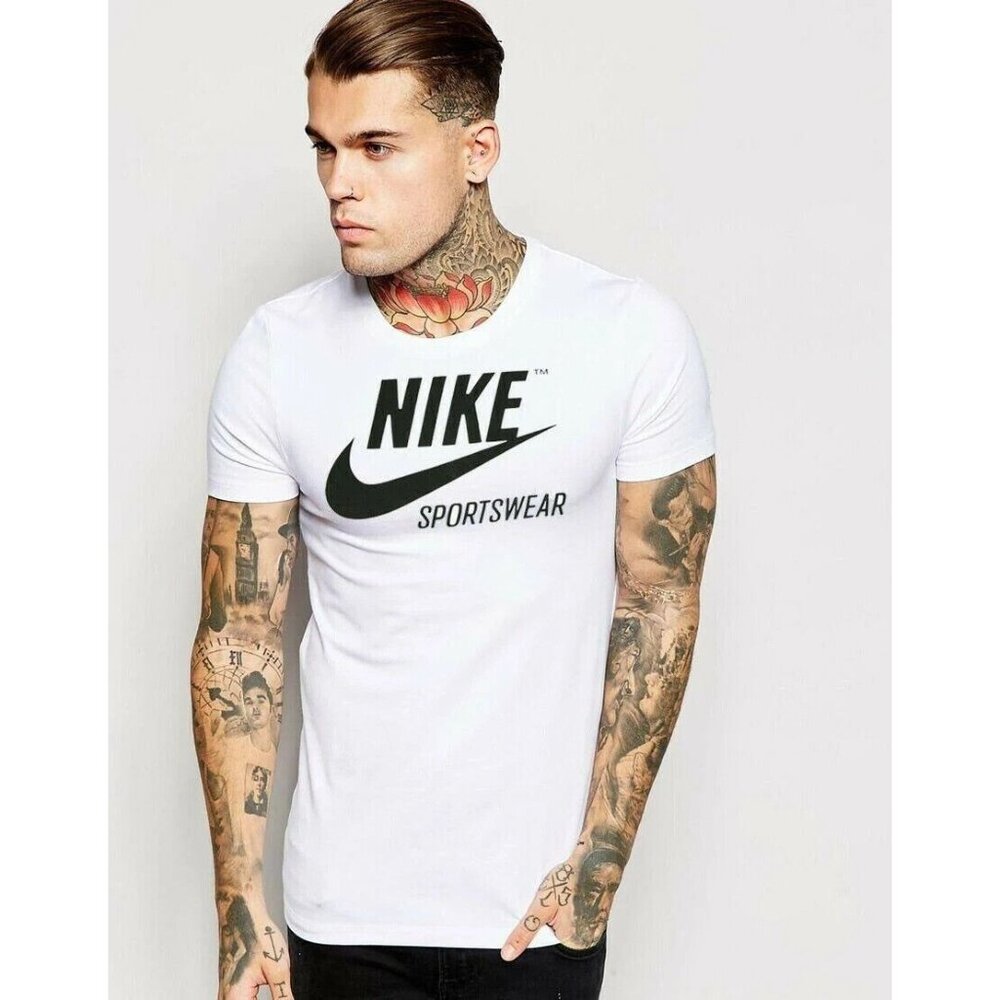 Nike Men's Black Swoosh Logo Futura Sportswear Athletic Performance White Shirt